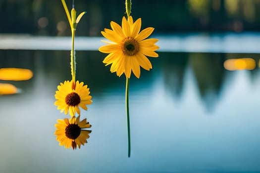 two sunflowers hanging from a rope over a lake. AI-Generated photo