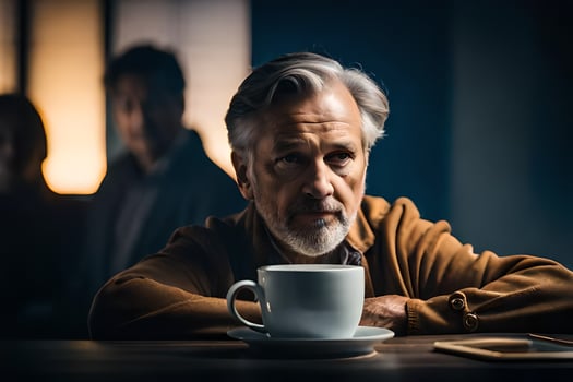 an older man sitting at a table with a cup of coffee. AI-Generated photo