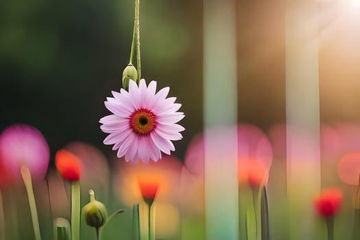 a pink flower is hanging from a string in a field. AI-Generated photo