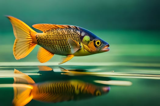 a fish with yellow eyes and black fins is swimming in the water. AI-Generated photo