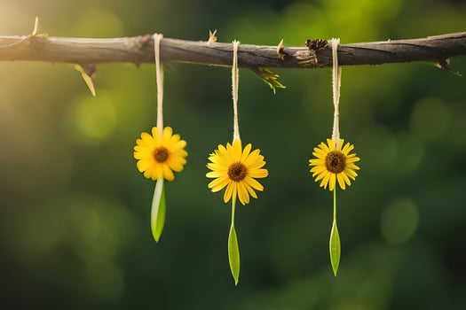 three sunflowers hanging from a branch. AI-Generated photo