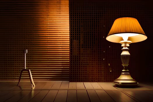 a lamp is sitting on a wooden floor next to a table. AI-Generated photo