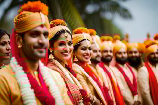 a group of indian wedding guests in orange and yellow. AI-Generated photo