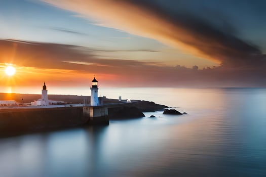 a lighthouse is seen in the distance at sunset. AI-Generated photo