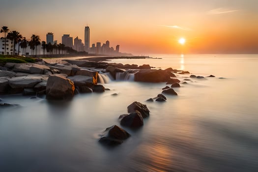 the sun sets over the city skyline in this photo. AI-Generated photo