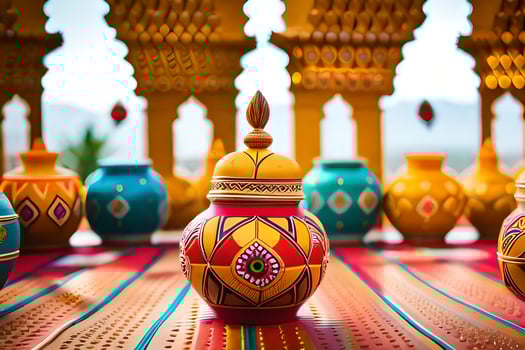 colorful vases on a colorful table with ornate designs. AI-Generated photo