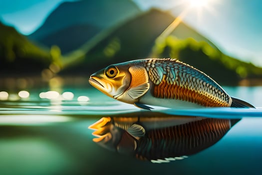 a fish is floating in the water with mountains in the background. AI-Generated photo