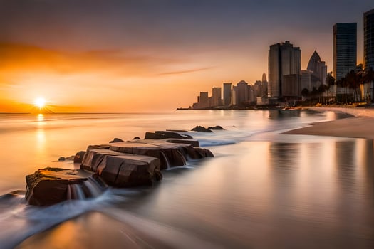 a beautiful sunset over the ocean with rocks in the water. AI-Generated photo