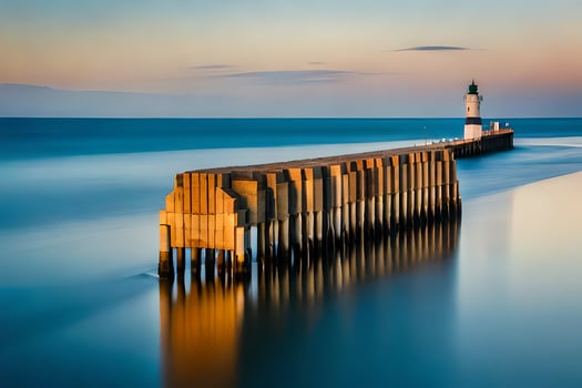 a long exposure photograph of a lighthouse at sunset. AI-Generated photo