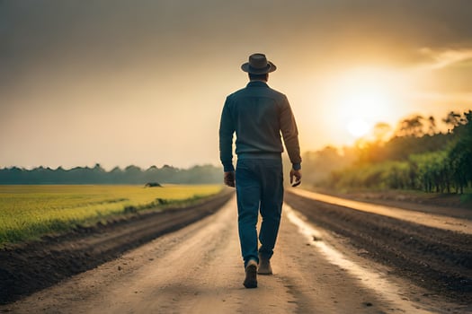 man walking on a road at sunset. AI-Generated photo
