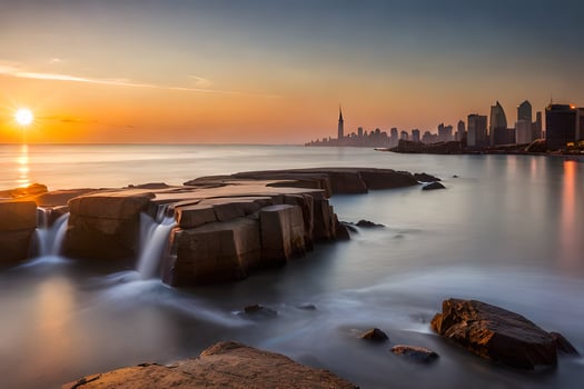 the sun sets over the city skyline in this photo. AI-Generated photo