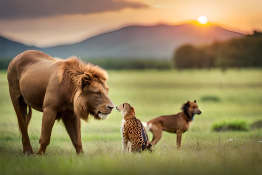 a lion and two cheetahs in the wild. AI-Generated photo