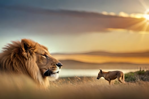 a lion and a deer are in the grass at sunset. AI-Generated photo