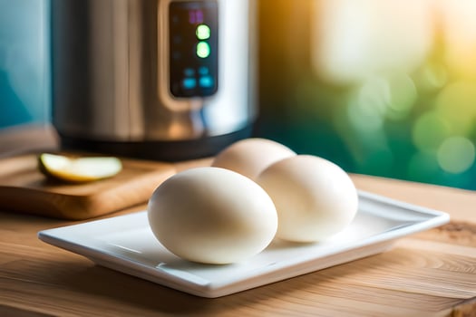 three eggs sit on a plate next to an electric pressure cooker. AI-Generated photo