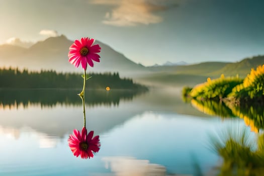 a single flower is reflected in the water. AI-Generated photo