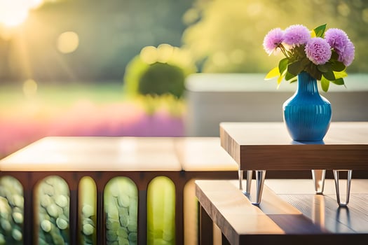 a blue vase with flowers on a wooden table. AI-Generated photo