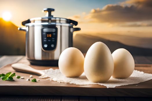eggs on a cutting board next to an instant pot. AI-Generated photo