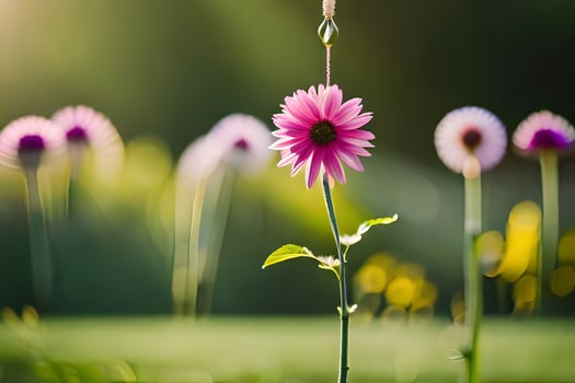 a pink flower is in the middle of a field. AI-Generated photo