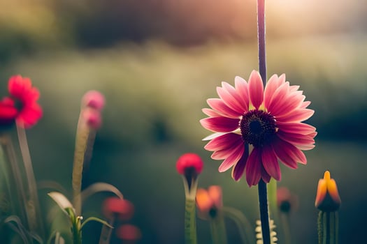 a pink flower is standing in the middle of a field. AI-Generated photo