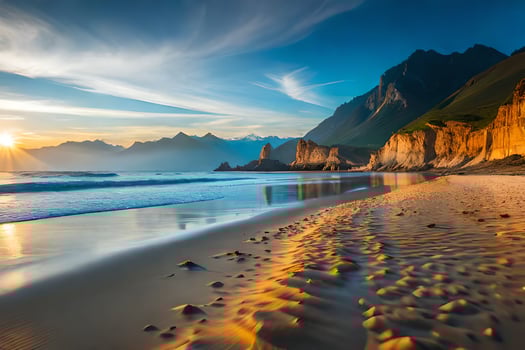 the sun rises over the beach and mountains in this photo. AI-Generated photo