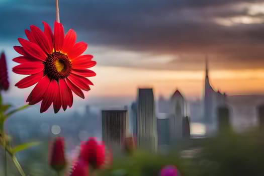a red flower is hanging from a string in front of a cityscape. AI-Generated photo