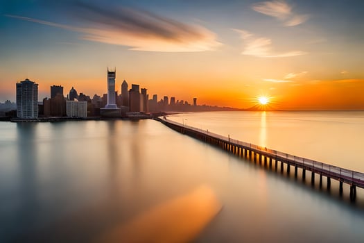 the sun rises over the city skyline and the water. AI-Generated photo