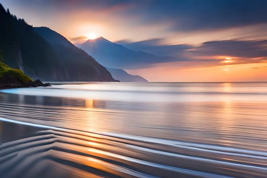 a beautiful sunset over the ocean and mountains. AI-Generated photo