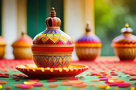 colorful diyas on a table with colorful decorations. AI-Generated photo