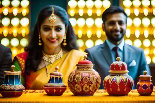 a couple posing with colorful pots and vases. AI-Generated photo