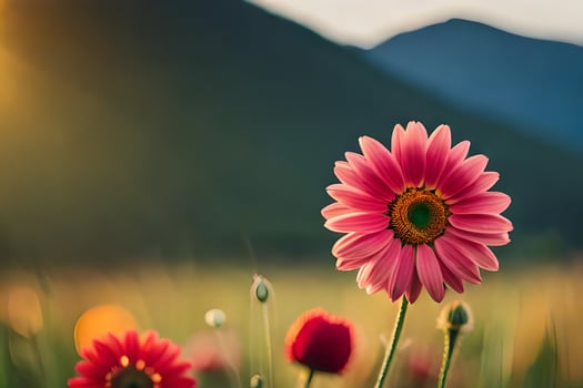pink flower in the field with mountains in the background. AI-Generated photo