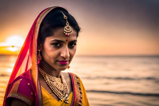 an indian woman in traditional attire at sunset. AI-Generated photo