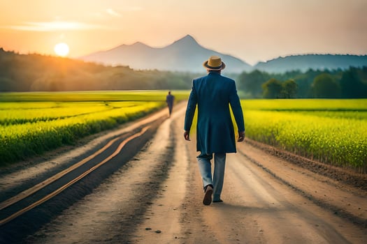 a man in a hat and suit walking down a dirt road. AI-Generated photo