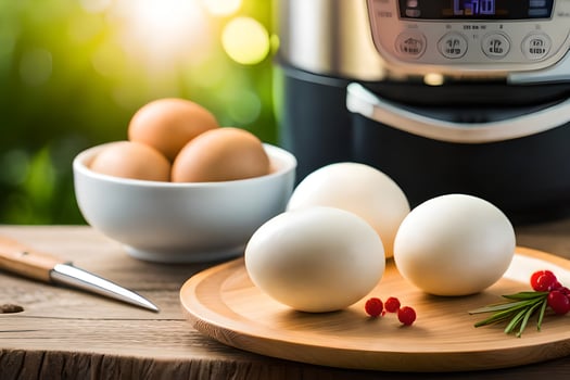 eggs on a wooden board next to an instant pot. AI-Generated photo