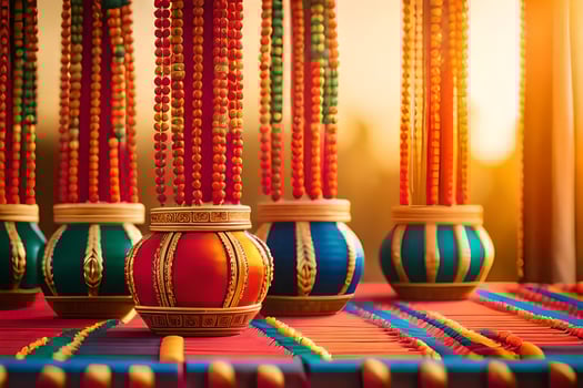 colorful vases with colorful beads on a table. AI-Generated photo