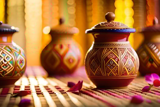colorful vases with designs on them sit on a table. AI-Generated photo