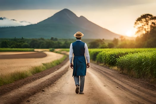 a man in a hat and blue suit walks down a dirt road. AI-Generated photo