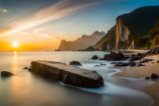the sun sets over a rocky beach and mountains. AI-Generated photo