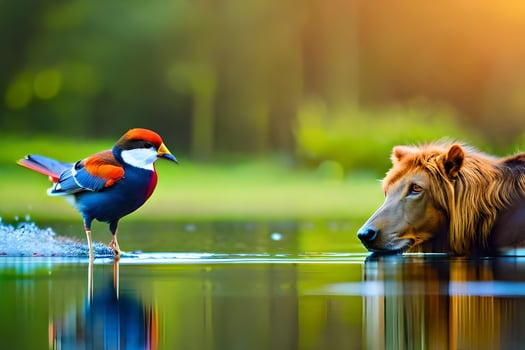 a bird and a lion standing in the water. AI-Generated photo