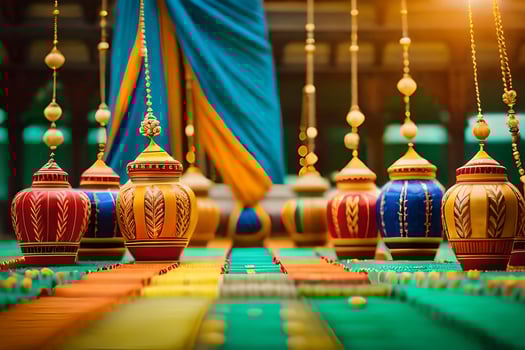 colorful wooden vases hanging from the ceiling. AI-Generated photo