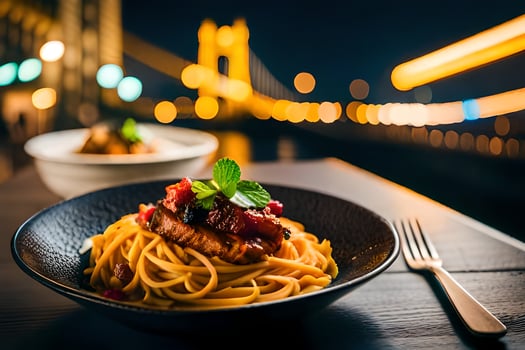 a plate of spaghetti with meat and sauce on a table in front of a bridge. AI-Generated photo