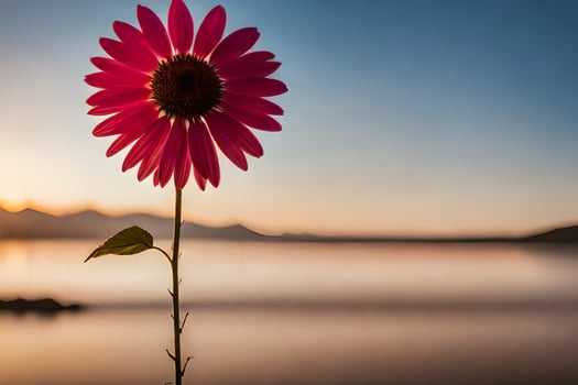 a pink flower stands in front of a lake at sunset. AI-Generated photo