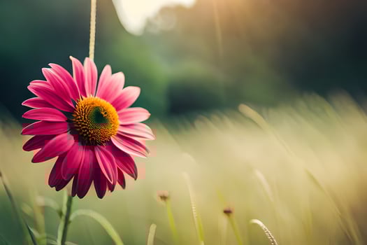 a pink flower is standing in a field. AI-Generated photo