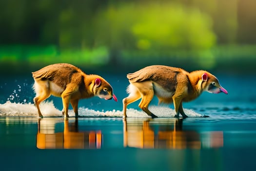 two animals walking across a lake. AI-Generated photo