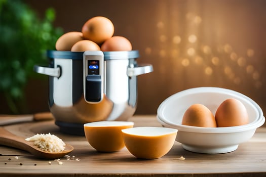 eggs in a basket next to an electric pressure cooker. AI-Generated photo