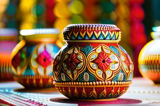 colorful vases are sitting on a table. AI-Generated photo