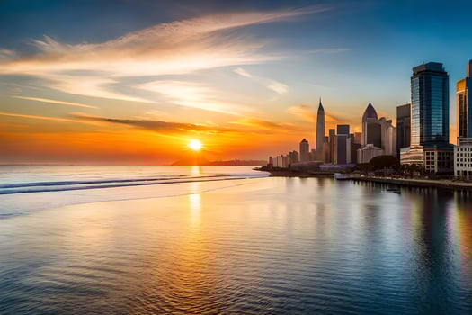 the sun sets over the city skyline in dubai. AI-Generated photo