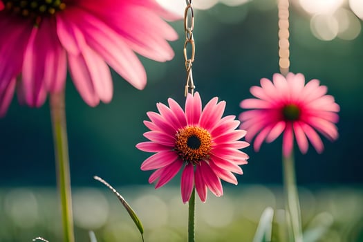 pink flowers hanging from a chain in the grass. AI-Generated photo