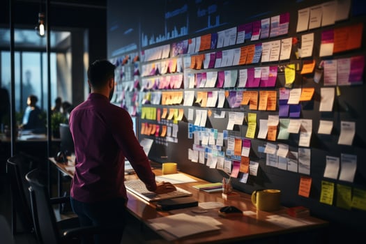 People sharing ideas concept with paper note writing strategy in office. Generative AI photo