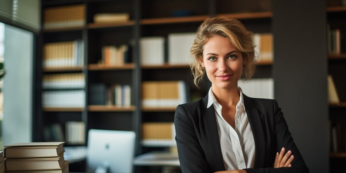 Portrait of young businesswoman in office with arms crossed looking at camera AI Generated photo