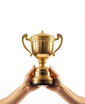 two hand holding trophy isolated in white background AI generated photo